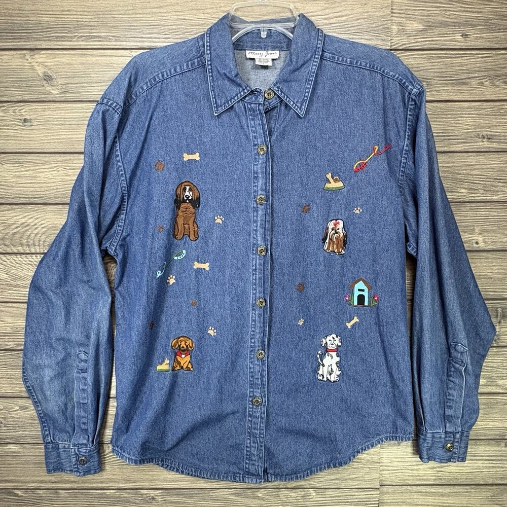 Vintage 90s Mary Jane Womens Shirt L Blue Denim Dogs Bones Embroidered 💯 Cotton